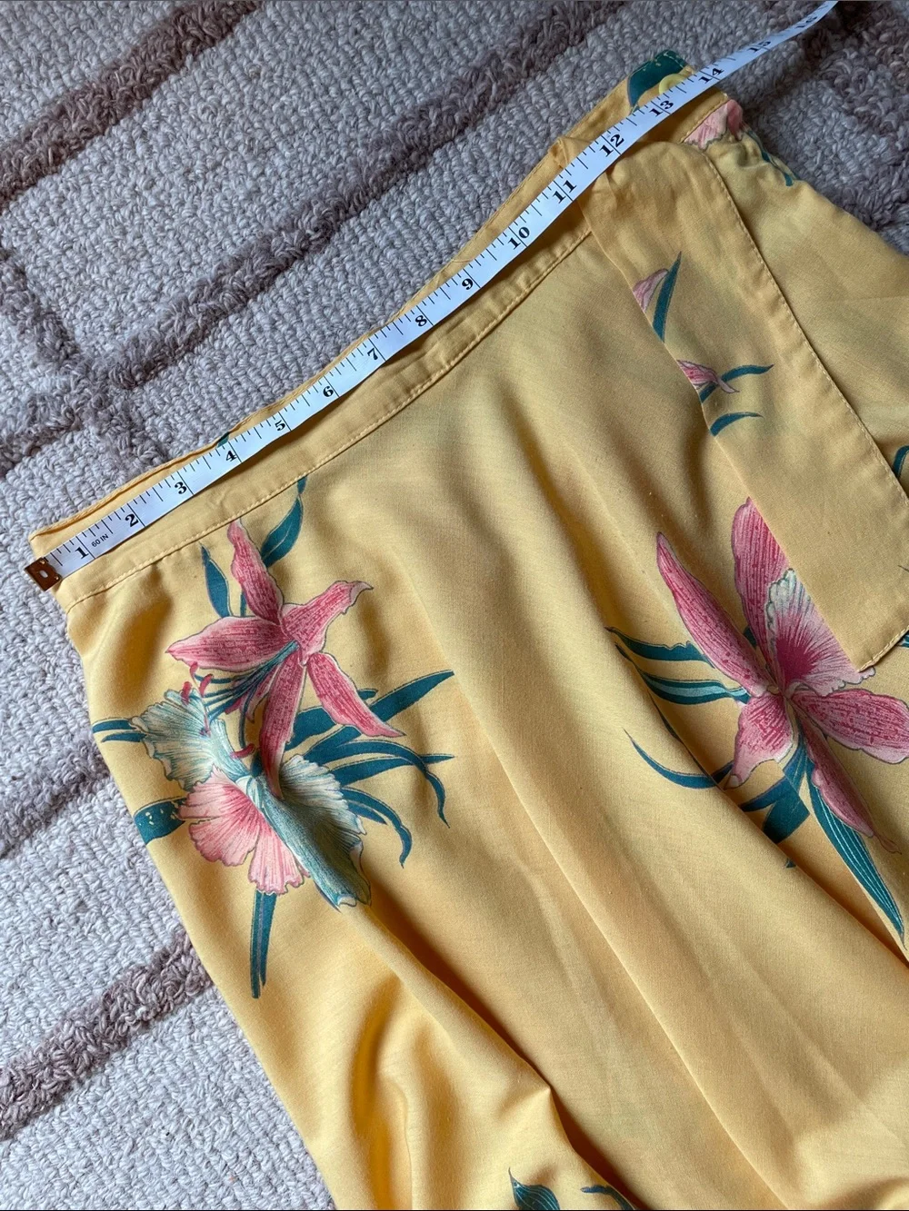 Vintage 70s Yellow Floral Wrap Midi Skirt | Pink Lily Tropical Print A-Line